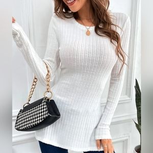 🛑 NWT Shein SXY Ribbed Knit Split Hem Tee White/  S (4) 🚔